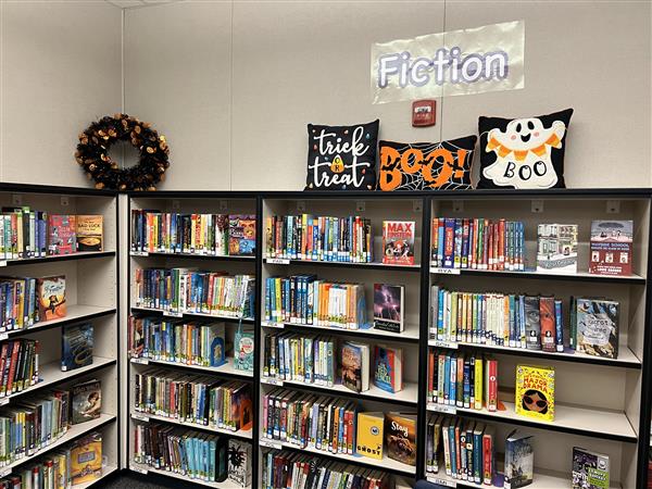 Fiction section of library during Halloween 2024